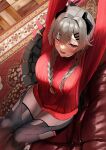  1girl absurdres arms_up braid breasts brown_eyes carpet eyebrows_visible_through_hair grey_hair hair_between_eyes highres indie_virtual_youtuber long_hair looking_at_viewer one_eye_closed open_mouth oreazu saruei_(vtuber) scar scar_across_eye sitting solo stretch sweater teeth tongue twin_braids virtual_youtuber yawning 