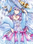  1girl blue_hair breasts cleavage collar dress duel_monster fur_scarf gradient_hair hat horseshoe kalian large_ribbon long_hair long_sleeves medium_breasts multicolored_hair pink_hair purple_eyes ribbon rilliona_the_magistus_of_verre smug solo sparkle standing white_dress wizard_hat yu-gi-oh! 