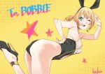  1girl :d animal_ears anklet artist_name blonde_hair blue_eyes choker clothing_cutout henken high_heels highres jewelry leotard looking_at_viewer medium_hair navel navel_cutout one_eye_closed original playboy_bunny rabbit_ears salute smile solo 