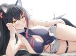  1girl animal_ears bangs black_hair blue_swimsuit blush breasts cleavage closed_mouth covered_navel grey_shorts hair_ornament highres hololive keenh large_breasts long_hair looking_at_viewer lying multicolored_hair on_side one-piece_swimsuit ookami_mio pink_hair ponytail short_shorts shorts sideboob simple_background solo streaked_hair swimsuit tail thigh_strap thighs virtual_youtuber white_background yellow_eyes 