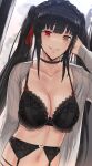  1girl black_bra black_choker black_hair bra breasts choker cleavage date_a_live garter_belt gothic heterochromia highres i-chandraws large_breasts long_hair long_sleeves navel open_clothes open_shirt parted_lips red_eyes smile solo tokisaki_kurumi twintails underwear upper_body yellow_eyes 