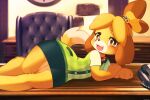  1girl :3 ancesra animal_crossing animal_ears animal_hands animal_nose arm_support bangs bell blonde_hair blue_skirt blurry blurry_background blush body_fur bright_pupils brown_hair buttons chair corded_phone desk dog_ears dog_girl dog_tail fang flat_chest furry furry_female green_vest hair_bell hair_ornament hair_tie happy highres indoors isabelle_(animal_crossing) jingle_bell legs_together looking_at_viewer lying miniskirt multicolored_hair non-web_source on_desk on_side open_mouth parted_bangs pencil_skirt phone plaid plaid_vest pocket shirt short_hair short_sleeves skirt smile snout solo tail tongue topknot two-tone_fur two-tone_hair vest white_fur white_pupils white_shirt wide_hips yellow_eyes yellow_fur 