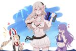  3girls ball beachball bikini bikini_skirt black_bow blonde_hair book bow breasts camilla_(fire_emblem) cleavage closed_eyes collarbone corrin_(fire_emblem) corrin_(fire_emblem)_(female) corrin_(summer)_(fire_emblem)_(female) elise_(fire_emblem) fffera fire_emblem fire_emblem_fates fire_emblem_heroes flower flower_necklace front-tie_top grey_hair groin hair_flower hair_ornament hair_over_one_eye hairband highres holding holding_ball holding_beachball large_breasts microskirt multiple_girls navel one-piece_swimsuit purple_bikini purple_hair purple_swimsuit red_eyes simple_background skirt smile swimsuit white_bikini 