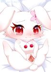  2021 anthro bed blush clovergame0 female flower_accessory fur furniture genitals hi_res jewelpet jewelry lagomorph legs_up leporid looking_at_viewer mammal necklace on_bed presenting presenting_pussy pussy rabbit red_eyes ruby_(jewelpet) sanrio sega_toys signature solo spread_legs spread_pussy spreading white_body white_fur young 