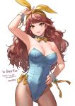  1girl absurdres blue_eyeshadow breasts brown_hair captain_syrup cleavage earrings eyeshadow fayetism hand_on_hip highres jewelry long_hair makeup pantyhose pink_lips pink_nails playboy_bunny solo wario_land 