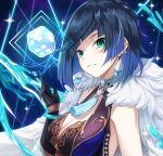  1girl absurdres akine_(kuroyuri) bangs bare_shoulders black_gloves blue_background blue_hair blunt_bangs blush bob_cut breasts cleavage commentary_request dice fur-trimmed_jacket fur_trim genshin_impact gloves green_eyes grin hand_up highres jacket jacket_on_shoulders large_breasts looking_at_viewer mole mole_on_breast short_hair sleeveless smile solo upper_body white_jacket yelan_(genshin_impact) 