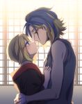  1boy 1girl adaman_(pokemon) blonde_hair blue_eyes blush brown_hair eye_contact eyebrows_visible_through_hair face-to-face hand_wraps hands_on_another&#039;s_chest hetero highres hug imminent_kiss irida_(pokemon) looking_at_another matsuripanda messy_hair multicolored_hair pokemon pokemon_(game) pokemon_legends:_arceus two-tone_hair window 