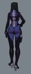  1girl ass black_gloves black_hair bodysuit commentary english_commentary from_behind gloves grey_background hand_on_hip high_heels highres holster long_hair original simple_background sketch solo tarakanovich thigh_holster yuna_(tarakanovich) 
