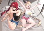  2girls armpits arms_up bangs bare_arms bare_shoulders barefoot black_shirt blonde_hair blue_shorts blush breasts cellphone character_request cleavage closed_eyes closed_mouth copyright_request dolphin_shorts eyebrows_visible_through_hair hair_ornament large_breasts long_hair looking_at_phone mendou_kusai multiple_girls open_mouth phone pink_shorts red_hair shirt short_shorts shorts sitting sleeveless smartphone stretch thighs very_long_hair white_shirt yawning yellow_eyes 