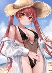  1girl absurdres bangs blush breasts cleavage eyebrows_visible_through_hair hat heterochromia highres hololive houshou_marine kohe_billialot large_breasts long_hair looking_at_viewer one-piece_swimsuit red_eyes red_hair smile solo swimsuit twintails virtual_youtuber yellow_eyes 