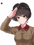  1girl armorganger brown_hair brown_jacket chi-hatan_military_uniform commentary eyebrows_visible_through_hair girls_und_panzer green_eyes hair_rings highres hosomi_shizuko jacket long_sleeves salute short_hair simple_background smile solo upper_body white_background 