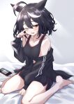  1girl absurdres ahoge alternate_costume animal_ears bed black_hair breasts cellphone cleavage collarbone commentary_request highres horse_ears horse_girl kitasan_black_(umamusume) kohaku_teru medium_breasts phone red_eyes solo thighs umamusume waking_up 