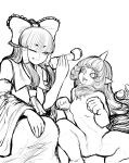  2girls absurdres ascot bangs blunt_bangs body_fur bone bow commentary_request curly_hair detached_sleeves dog_girl dress eyebrows_visible_through_hair frilled_bow frilled_hair_tubes frills greyscale hair_bow hair_tubes hakurei_reimu highres komano_aunn long_hair looking_at_another miazuma_sarin monochrome multiple_girls neck_fur nude one_eye_closed open_mouth paw_pose pointy_ears sidelocks simple_background sleeveless sleeveless_dress squatting touhou 