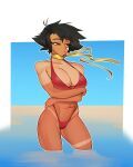  1girl abs absurdres bandaid bandaid_on_cheek bandaid_on_face bikini black_hair breasts brothbowl brown_eyes choker cleavage cropped_legs crossed_arms dark-skinned_female dark_skin english_commentary highleg highleg_bikini highres large_breasts looking_to_the_side makoto_(street_fighter) muscular muscular_female navel red_bikini ribbon_choker short_hair solo street_fighter street_fighter_iii_(series) swimsuit tan tanlines thick_thighs thighs yellow_choker 