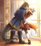  2022 absurd_res anthro boots canid canine classy clothing digital_media_(artwork) eyes_closed footwear fox gloves handwear hi_res inside kissing lizard making_out male male/male mammal plantigrade reptile scales scalie tatujapa vintage window ych_result 