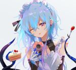  1boy ;p apron arknights bare_shoulders black_collar black_gloves black_shirt blue_hair cake cake_slice collar colored_tips doughnut ear_piercing elbow_gloves food fork fruit gloves grey_background hand_up highres holding holding_food infection_monitor_(arknights) maid_apron male_focus mizuki_(arknights) multicolored_hair one_eye_closed otoko_no_ko piercing pink_eyes purple_hair shirt short_hair_with_long_locks simple_background solo spacelongcat strawberry streaked_hair tentacles tongue tongue_out upper_body 
