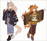  2girls adapted_costume animal_ears asymmetrical_footwear bangs belt black_jacket blonde_hair boots dog_ears ear_bow gold_city_(umamusume) green_jacket hakusai_(tiahszld) hand_in_own_hair high_tops horse_ears horse_girl horse_tail jacket japanese_clothes kimono long_hair long_sleeves looking_at_viewer mayano_top_gun_(umamusume) mismatched_footwear multiple_girls open_mouth orange_eyes orange_hair outstretched_arms platform_footwear smile spread_arms tail umamusume wide_sleeves 