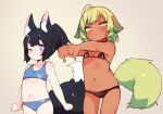  2girls ahoge animal_ear_fluff animal_ears bangs bare_arms bare_shoulders bikini black_bikini black_hair blue_bikini blush brown_background brown_eyes closed_mouth collar collarbone dark-skinned_female dark_skin done_(donezumi) eyebrows_visible_through_hair half-closed_eyes interlocked_fingers multiple_girls navel one_eye_closed original outstretched_arms ponytail purple_eyes red_collar short_eyebrows simple_background standing stretch swimsuit tail thick_eyebrows titi-chan_(nezumi_inu) 