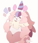  1girl animal_girl animal_hands artist_name closed_eyes duel_monster english_commentary furry furry_female hat heart marmot marmot_ears melffy_mommy mero_(sundaero) multicolored_hair neck_fur party_hat pink_fur pink_hair signature smile solo upper_body white_background yu-gi-oh! 