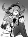 1girl alcohol animal_ears arknights blush bokiboki333 cow_ears cow_girl cow_horns cup drink drunk elbow_rest fang flower flower_on_head gloves grey_background greyscale hair_between_eyes hair_tubes half-closed_eyes highres holding holding_cup horns ice ice_cube jacket knees_up long_hair looking_at_viewer monochrome off_shoulder open_clothes open_jacket open_mouth pallas_(arknights) pantyhose pleated_skirt shirt simple_background sitting skirt solo 