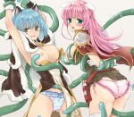  2girls animal_ears ass bangs belt blue_hair blue_panties blush braid breasts brown_cape brown_dress brown_gloves butt_crack cape cat_ears commentary_request commission cowboy_shot creator_(ragnarok_online) dog_ears dress eyebrows_visible_through_hair french_braid fur-trimmed_cape fur-trimmed_gloves fur_trim gloves green_eyes high_wizard_(ragnarok_online) highres kainohito lace-trimmed_panties lace_trim large_breasts layered_dress long_hair looking_back multiple_girls nipples open_mouth panties pink_hair pink_panties ragnarok_online red_belt red_cape restrained short_dress short_hair skeb_commission slime_(substance) strapless strapless_dress tentacles tentacles_under_clothes thighhighs two-tone_dress underwear vial white_dress white_gloves white_legwear yellow_eyes 