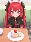  1girl black_shirt blue_archive blush cake cake_slice collared_shirt couch food food_on_face fork fruit halo highres horns hub_(havu_obi) junko_(blue_archive) long_hair on_couch plate purple_eyes red_hair shirt short_sleeves sitting solo strawberry sweat table trembling twintails very_long_hair 