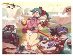  absurdres blue_hair bow braid braided_ponytail brown_gloves bulma cloud commentary dougi dragon_ball dragon_ball_(classic) dragon_ball_(object) fish flying gloves hair_bow hamza_touijri highres monkey_tail monster mountain open_mouth panties pterosaur son_goku spiked_hair staff tail toriyama_akira_(character) underwear wardrobe_malfunction white_panties 