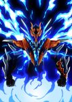  1boy aura black_bodysuit blue_armor blue_fire bodysuit bracelet clenched_hands cowboy_shot cross-z_dragon dragon dragon_horns eastern_dragon fiery_background fire flame flame_print glowing glowing_eyes highres horns jewelry kamen_rider kamen_rider_build_(series) kamen_rider_cross-z otokamu power_armor powering_up science_fiction spiked_bracelet spikes tokusatsu upper_body 