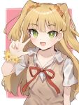  +_+ 1girl :d bangs blonde_hair collarbone commentary eyebrows_visible_through_hair fangs green_eyes hair_ornament hair_scrunchie highres idolmaster idolmaster_cinderella_girls jougasaki_rika long_hair looking_at_viewer neck_ribbon open_mouth red_ribbon ribbon scrunchie shirt shone short_sleeves simple_background smile solo two_side_up upper_body vest w white_shirt 