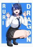  1girl absurdres aoki_ruri background_text bangs black_legwear blue_background blue_eyes blue_necktie blush breast_pocket calf_socks claw_pose collared_shirt copyright_name dark_blue_hair dragon_girl dragon_horns english_text eyebrows_visible_through_hair fangs fingernails full_body heel_up highres horns light_blush loafers long_sleeves looking_at_viewer medium_hair medium_skirt necktie open_mouth parted_bangs pleated_skirt pocket ruri_dragon school_uniform shirt shoes skirt socks solo squatting swept_bangs white_shirt yanggaengwang 