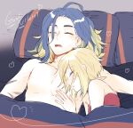  1boy 1girl adaman_(pokemon) bare_shoulders bed blonde_hair blush closed_eyes english_text hair_down hand_on_another&#039;s_chest heart hetero highres irida_(pokemon) lying matsuripanda multicolored_hair on_bed open_mouth pillow pokemon pokemon_(game) pokemon_legends:_arceus scar scar_on_arm sleeping topless_male two-tone_hair under_covers 
