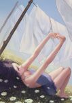  1girl bare_arms bare_legs barefoot black_hair blush clothesline collarbone dress drying drying_clothes flower grass highres laundry_pole lying minncn original own_hands_together red_eyes solo stretch 