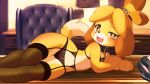  1girl :3 ancesra animal_crossing animal_ears animal_hands animal_nose arm_support bangs bell black_bra black_legwear black_panties blonde_hair blurry blurry_background blush body_fur bra bright_pupils brown_hair chair collar commentary corded_phone desk dog_ears dog_girl dog_tail english_commentary fang flat_chest furry furry_female garter_belt hair_bell hair_ornament hair_tie half-closed_eye happy heart highres indoors isabelle_(animal_crossing) jingle_bell legs_together looking_at_viewer lying multicolored_hair navel nipples non-web_source on_desk on_side open_mouth panties parted_bangs phone see-through short_hair skindentation smile snout solo stomach tail thighhighs tongue topknot two-tone_fur two-tone_hair underwear underwear_only uneven_eyes white_fur white_pupils wide_hips yellow_eyes yellow_fur 
