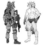  2_heads anthro armor boots broken_shichi canid canine canis clothing footwear full-length_portrait gun headgear helmet male mammal military_uniform monochrome multi_head plantigrade portrait ranged_weapon rifle simple_background socks standing tactical_gear tongue tongue_out underwear undressed uniform weapon white_background wolf 