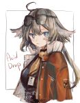  1girl aciddrop_(arknights) ahoge animal_ears arknights bandaid bandaid_on_face bird_ears black_shirt blue_eyes breasts brown_hair character_name eyewear_on_head hair_between_eyes highres id_card jacket looking_at_viewer medium_breasts neckerchief open_clothes open_jacket orange_jacket orange_neckerchief pomopomoinu shirt short_hair_with_long_locks simple_background solo sunglasses upper_body white_background 