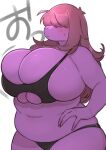  anthro belly big_breasts breasts brown_hair clothed clothing deltarune digital_media_(artwork) female hair hair_over_eyes hi_res huge_breasts navel non-mammal_breasts overweight overweight_anthro purple_body scalie simple_background skimpy solo susie_(deltarune) thick_thighs tight_clothing underchikichan undertale_(series) video_games 