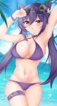  1girl :o absurdres armpits arms_up bikini bracelet breasts cleavage cone_hair_bun cowboy_shot criss-cross_halter eyewear_on_head flower genshin_impact hair_bun hair_flower hair_ornament halterneck highres jewelry keqing_(genshin_impact) kuro_(blackpgmickey) large_pectorals long_hair looking_at_viewer navel ocean partially_submerged pectorals purple_bikini purple_eyes purple_hair purple_nails sky solo sunglasses sunlight swimsuit thigh_strap twintails wet 
