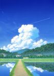  akairyokucha blue_sky cloud contrail convenience_store cumulonimbus_cloud day forest highres house landscape mountain mountainous_horizon nature no_humans original outdoors power_lines railing reflection reflective_water rice_paddy road rural scenery shop sky tree utility_pole vanishing_point water 