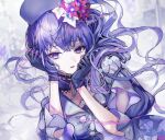  1girl absurdres asahina_mafuyu bangs blue_gloves flower gloves hair_flower hair_ornament highres long_hair looking_at_viewer parted_lips pipi project_sekai purple_eyes purple_hair red_flower solo white_flower 