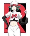  1girl black_gloves black_undershirt ememtrp gloves green_eyes green_hair highres letter midriff navel pale_skin poke_ball pokemon pokemon_(game) pokemon_usum premier_ball shirt simple_background skirt smile team_rainbow_rocket team_rainbow_rocket_grunt team_rocket team_rocket_uniform white_headwear white_shirt white_skirt 