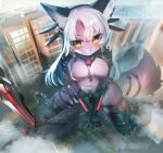  absurd_res accessory anthro armor breasts canid canine canis city cityscape clothing destruction detailed_background digital_media_(artwork) female fox fur furgonomics hair hi_res larger_female long_hair mammal melee_weapon navel outside road size_difference sky solo sword tail_accessory utterangle weapon 