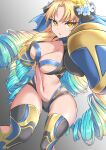  1girl astraea_(fate) astraea_(festival_outfit)_(fate) bangs black_panties blonde_hair blue_hair blue_ribbon boxing boxing_gloves breasts cleavage coyomin drill_hair fate/grand_order fate_(series) flower gold_trim gradient_hair hair_flower hair_ornament hair_ribbon highres large_breasts long_hair looking_at_viewer multicolored_hair navel panties parted_bangs quad_drills ribbon sports_bra thighhighs thighs underwear very_long_hair yellow_eyes 