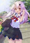  1girl :d absurdres bag bangs black_skirt blurry blurry_background blush bow bowtie breasts commentary_request fang gradient_hair highres hololive horns long_hair multicolored_hair nakiri_ayame oni oni_horns open_mouth outdoors purple_hair red_bow red_bowtie red_eyes red_hair rgrey00 school_bag school_uniform shirt skin-covered_horns skirt small_breasts smile solo streaked_hair teeth upper_teeth virtual_youtuber white_hair white_shirt 