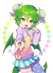  1girl absurdres asymmetrical_legwear blue_skirt blush brown_eyes draco_centauros dragon_girl dragon_horns dragon_tail dragon_wings fang green_hair green_nails highres horns long_sleeves mismatched_legwear offbeat open_mouth pantyhose pleated_skirt pointy_ears puyopuyo short_hair skirt smile solo tail v wings 