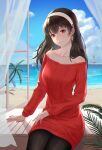  1girl bangs bare_shoulders beach black_hair black_legwear blue_sky boat closed_mouth cloud collarbone curtains day dress earrings expressionless gold_earrings hairband highres jewelry lighthouse lips long_hair longyu_(17767756) looking_at_viewer ocean off-shoulder_sweater off_shoulder open_window palm_tree pantyhose pink_nails red_eyes red_sweater sand sitting sky solo spy_x_family sweater sweater_dress tree watercraft white_hairband window yor_briar 