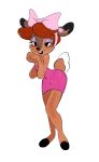  accessory anthro bonkers_(series) breasts cervid charmsey clothed clothing digital_media_(artwork) dress eyelashes eyeshadow fawn_deer female fingers fur hair hair_accessory hair_bow hair_ribbon hi_res hooves lipstick looking_at_viewer makeup mammal open_mouth red_hair ribbons simple_background smile solo topwear 
