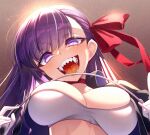  1girl bb_(fate) black_jacket blush bra breasts choker cluseller fangs fate/grand_order fate_(series) grey_background hair_ribbon highres jacket large_breasts long_hair looking_at_viewer purple_eyes purple_hair red_ribbon ribbon riding sharp_teeth solo teeth underwear white_bra 