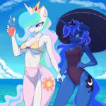  1:1 2022 anthro anthrofied artist_name beverage bikini blue_body blue_eyes blue_hair breasts choker cleavage clothed clothing crown day duo equid equine fajeh female friendship_is_magic green_hair hair hand_holding hasbro hi_res horn jewelry long_hair mammal multicolored_hair my_little_pony navel necklace one-piece_swimsuit outside pink_eyes pink_hair princess_celestia_(mlp) princess_luna_(mlp) sea sibling sister sisters standing swimwear tiara translucent translucent_clothing umbrella unicorn water white_body 