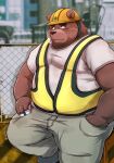  2022 anthro armor belly big_belly bottomwear brown_body clothing construction_worker hard_hat headgear helmet hi_res humanoid_hands i_0rai kemono male mammal outside overweight overweight_male pants shirt smoking solo topwear ursid 