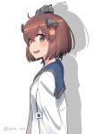  1girl ahenn arms_behind_back blue_sailor_collar brown_eyes brown_hair dress grey_neckerchief kantai_collection neckerchief open_mouth round_teeth sailor_collar sailor_dress short_hair simple_background smile solo speaking_tube_headset teeth twitter_username upper_body upper_teeth white_background white_dress yukikaze_(kancolle) yukikaze_kai_ni_(kancolle) 